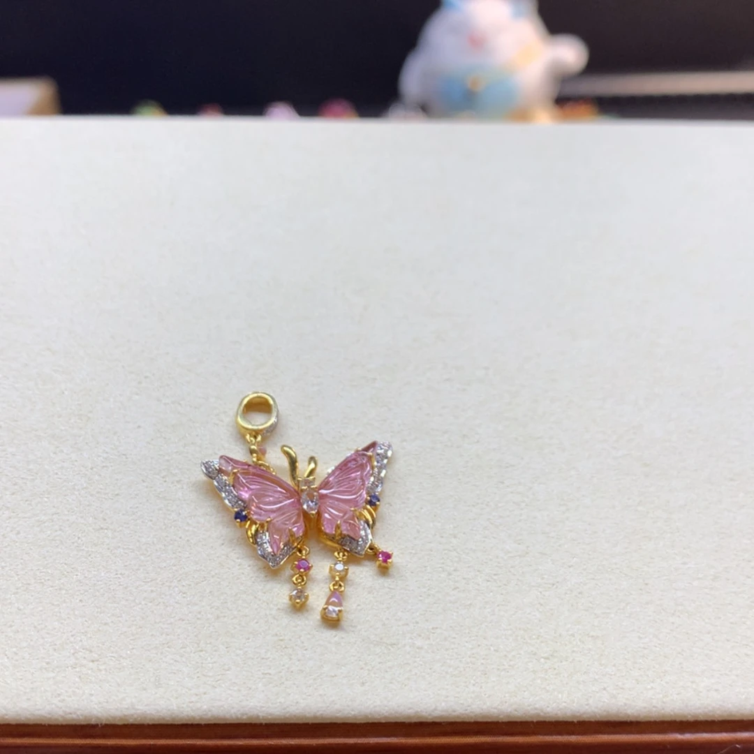 【闪购商品】碧玺吊坠(不含链)18K金镶嵌v****e粉色蝴蝶