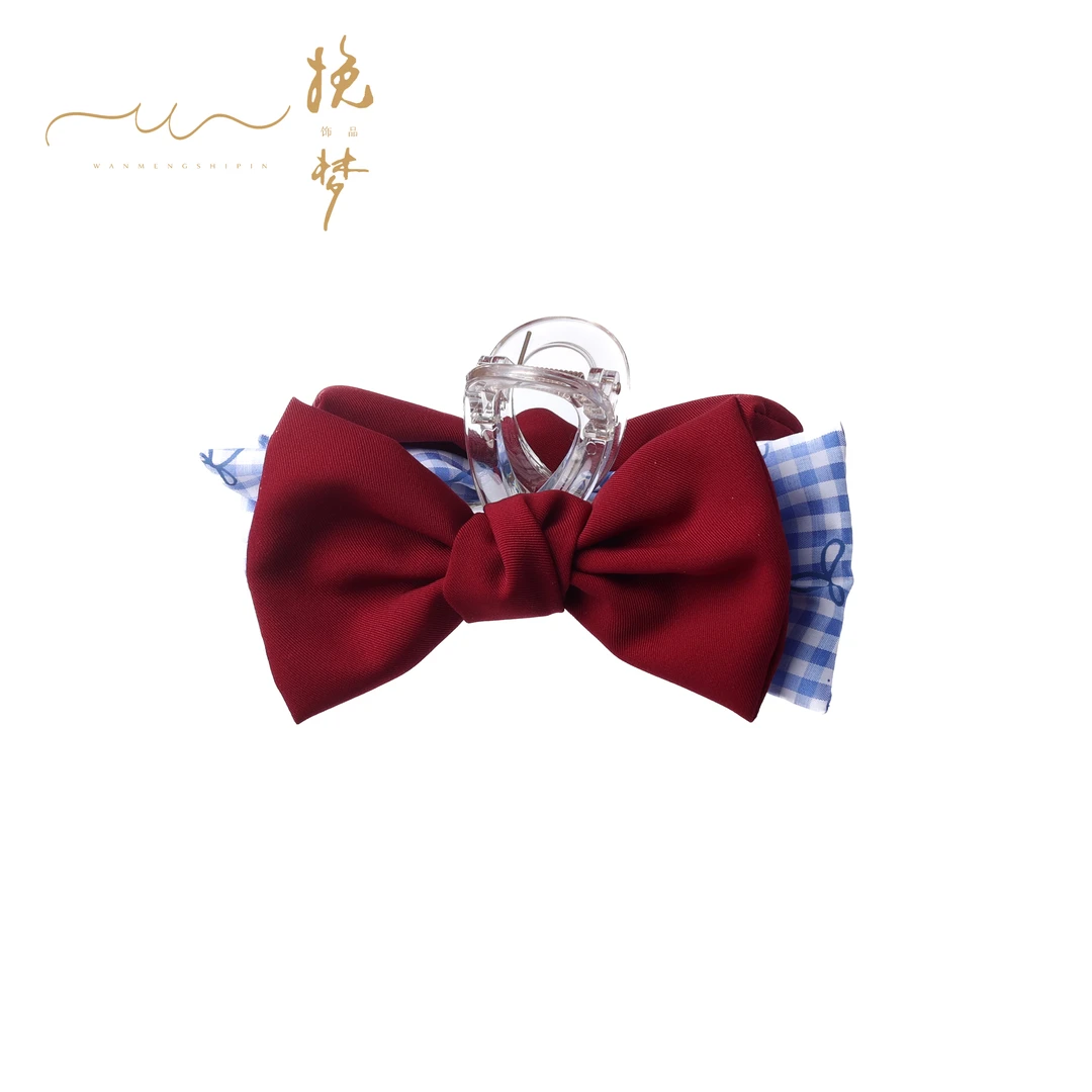 【晴天】系列小清新时尚蓝色格子红蝴蝶结十三公分抓夹2864