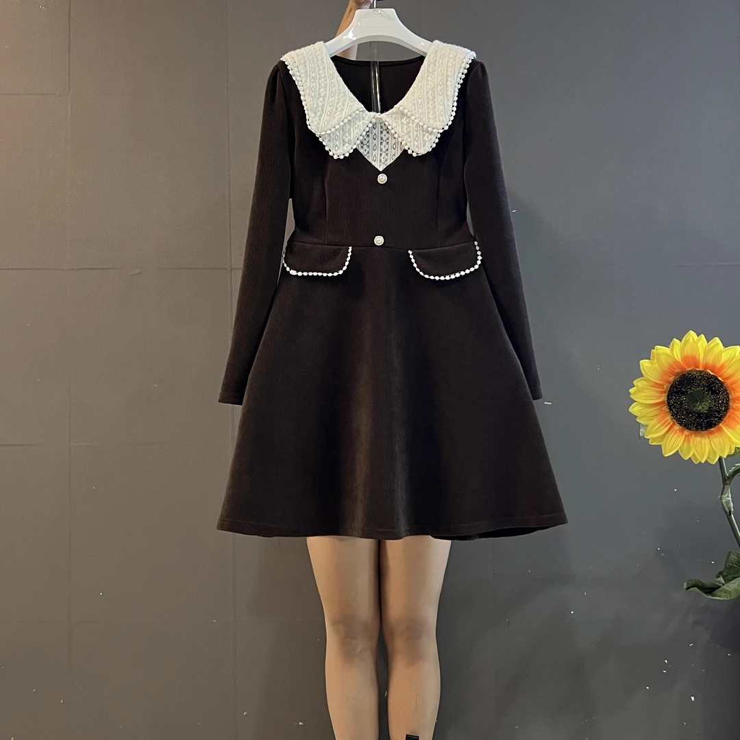法式赫本风双层钉珠荷叶领拼接假两件收腰显瘦气质小香连衣裙
