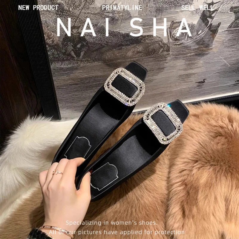 2025新款方头浅口复古单鞋真皮软底水钻百搭春秋季高跟鞋法式气质