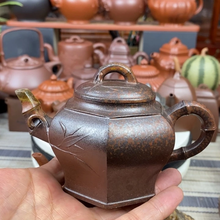 紫砂茶壶六方竹节200cc原矿老紫泥柴烧