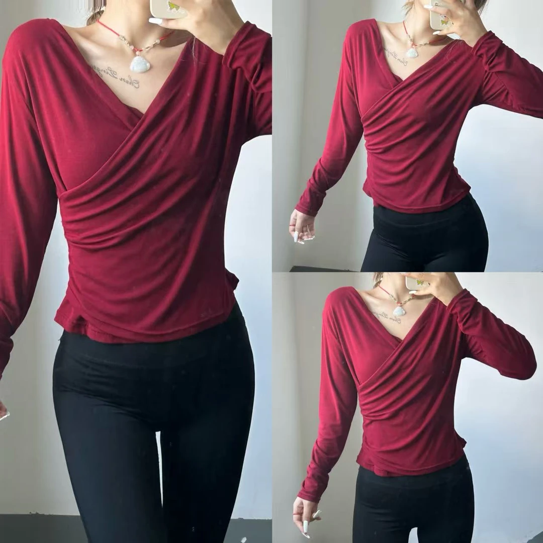 春秋V领长袖瑜伽服T恤修身显瘦气质时尚跑步训练健身服可打底外穿