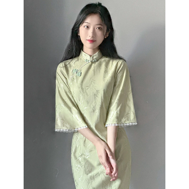 美丽动人~绿色倒大袖旗袍夏季新款2025改良中式年轻连衣裙显瘦