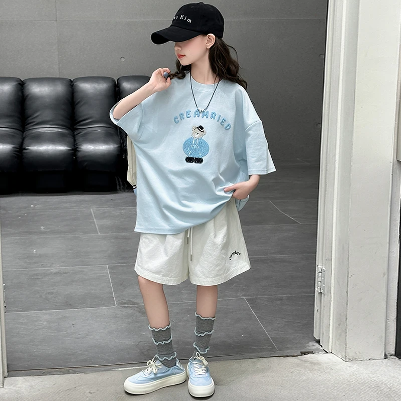 女童短袖上衣夏季2025新款初中生女孩夏款洋气短裤女大童夏装t恤