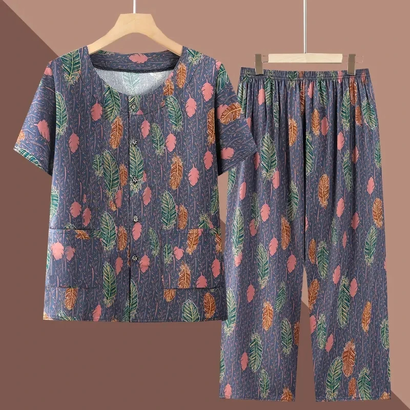 老年人夏装棉绸套装中老年女装老人衣服奶奶夏季妈妈老太太套装
