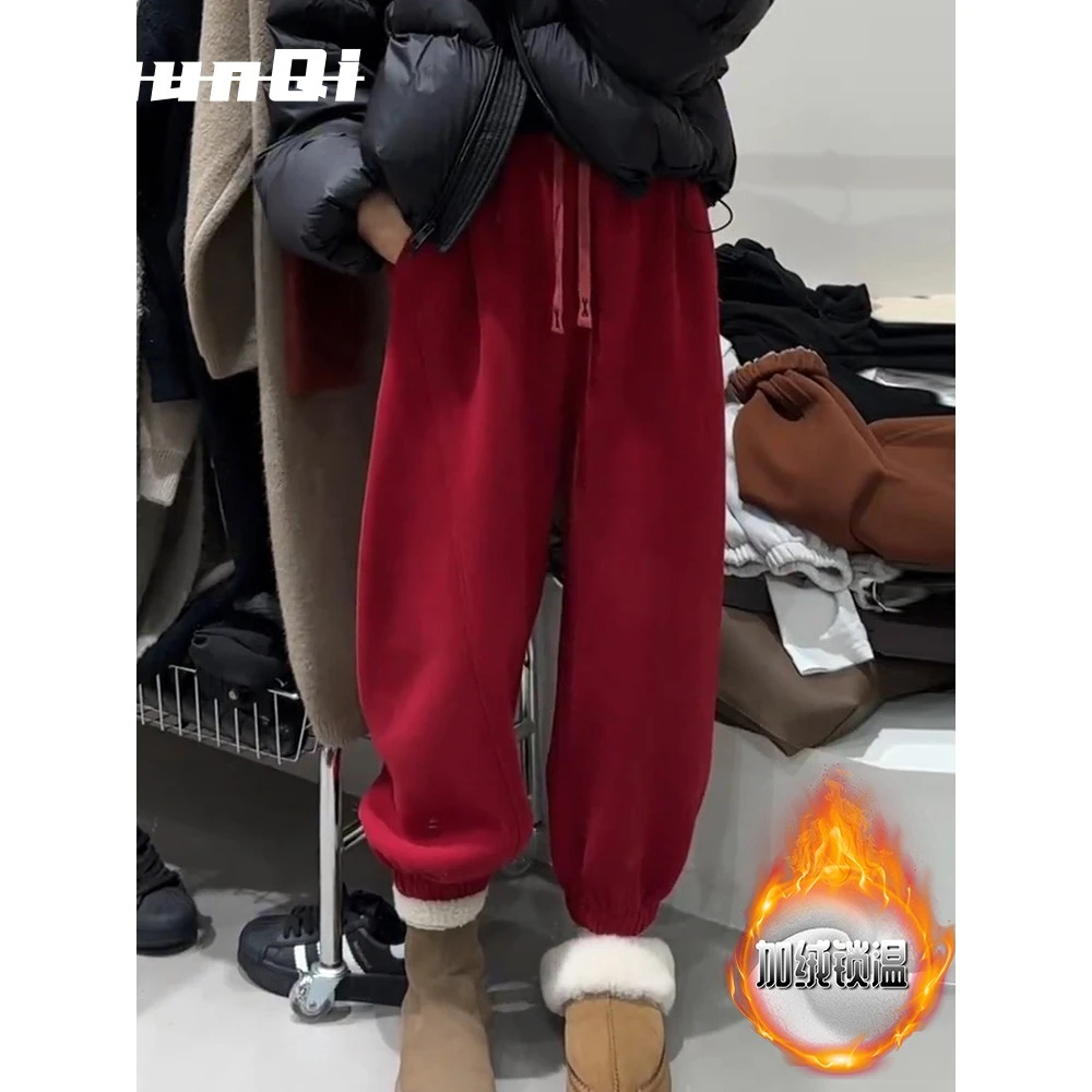 淳启时尚休闲加绒裤子女春秋款加厚保暖宽松束脚哈伦裤松紧腰卫裤