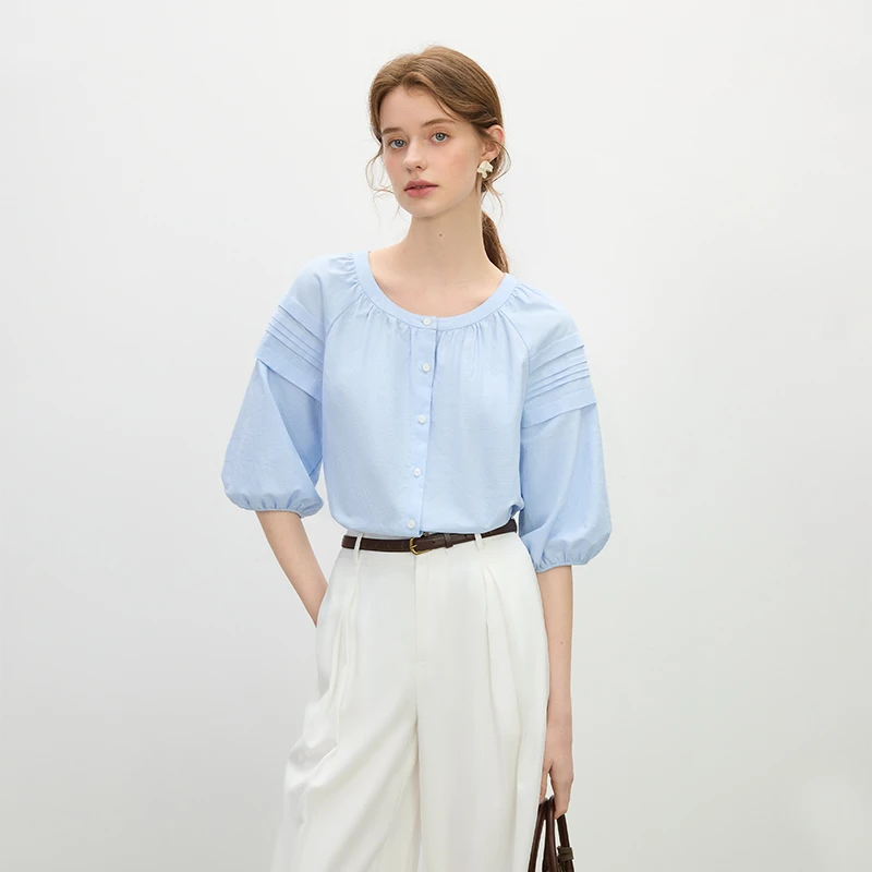 范思蓝恩亚麻棉感短袖衬衫夏季新款法式圆领灯笼袖衬衣25FS12298