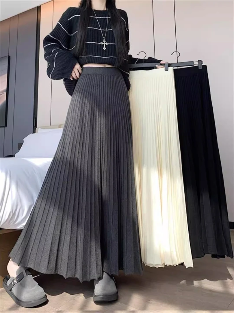 针织长款百褶裙2025秋冬大摆裙厚款显瘦女遮胯长裙高腰a字半身裙