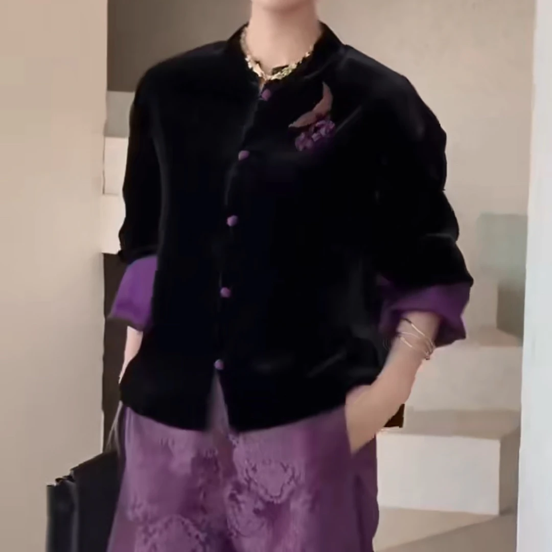 【QINGQING】小立领翻袖免烫3D新中式长袖重工桑蚕丝丝绒外套