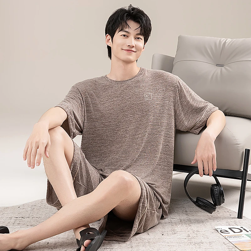 夏天莫代尔男士睡衣男款夏季冰丝宽松简约薄款透气时尚家居服套装