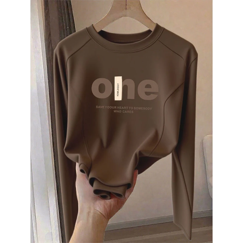 2025新款正肩咖色优质圆领长袖t恤女时尚百搭减龄显瘦上衣春秋季