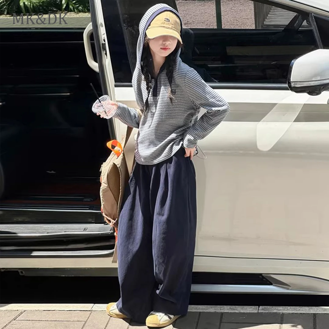 MK&DK女童卫衣春秋款2025新款儿童韩系穿搭条纹卫衣女孩连帽上衣