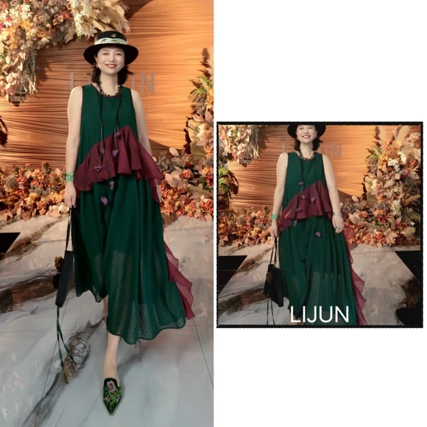 篱君【绿蝶】2001拼布双色系带蝴蝶结背心裙复古拼纱宽松质感高级裙