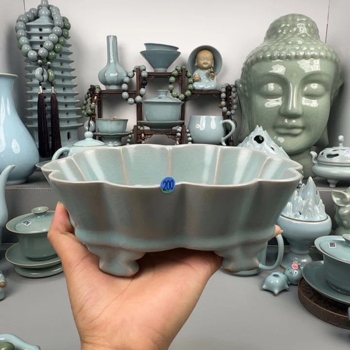 摆件汝瓷菊瓣盘圈足烧仿古釉