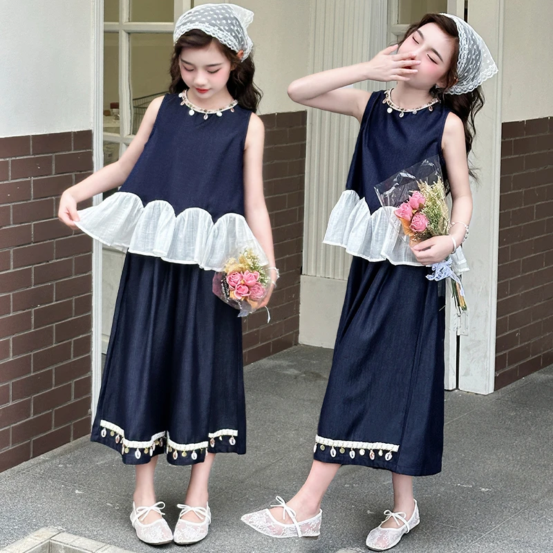 女童夏季韩版背心套装2025新款儿童夏装薄款天丝无袖阔腿裤两件套