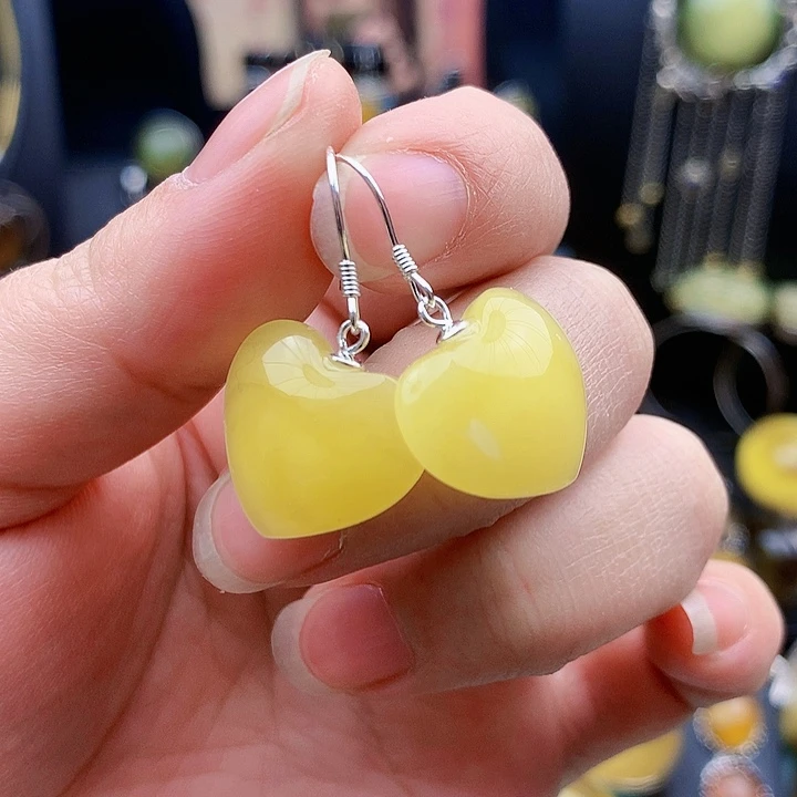 琥珀裸石银S925镶嵌耳坠