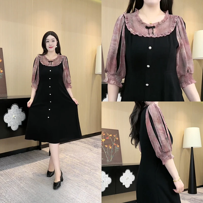 胖大盈定制大码新款拼接气质时尚印花夏季显瘦遮肉连衣裙ZB6840