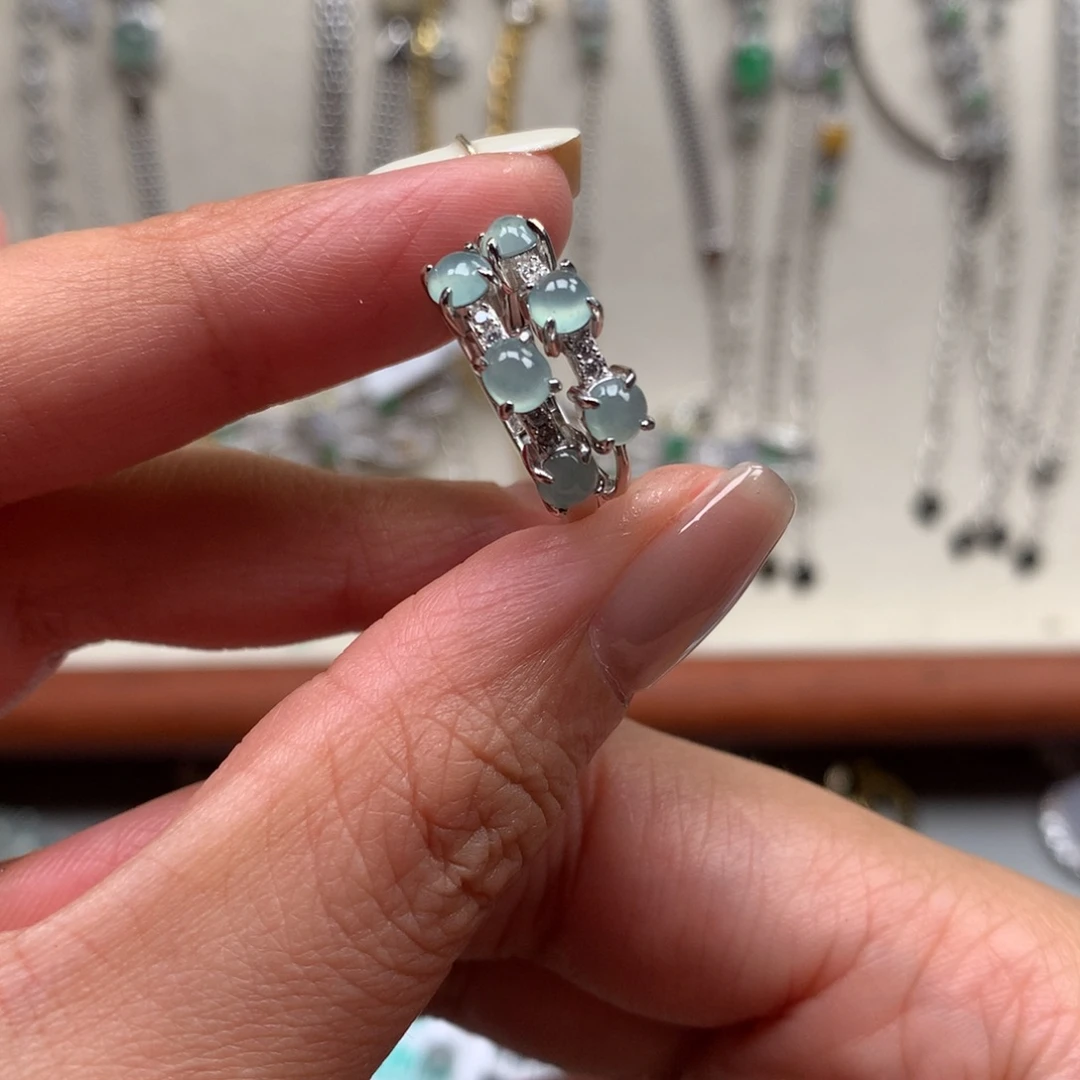 翡翠银S925镶嵌戒指耳钉