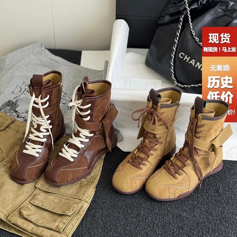 牛皮版~美拉德复古内增高系带马丁靴女磨砂皮拳击靴子运动德训靴