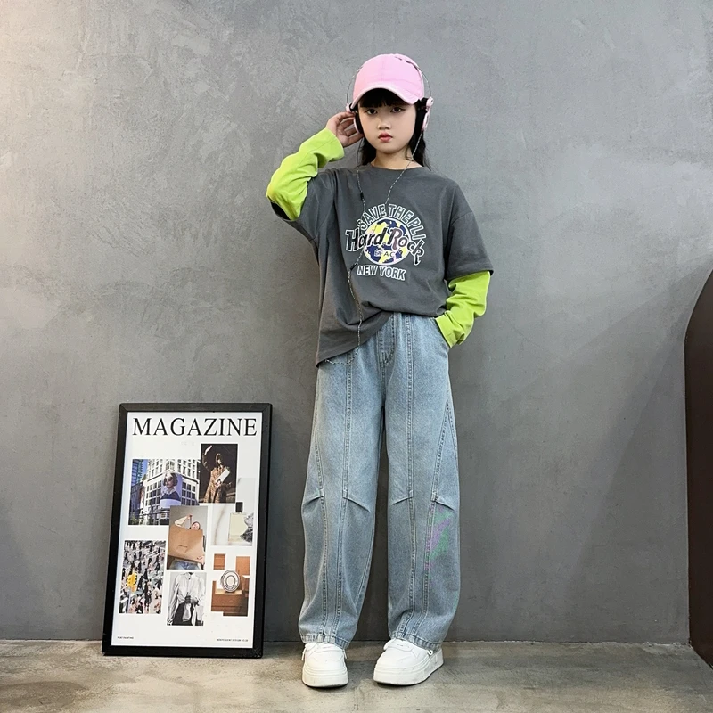 女童裤子套装2025新款儿童洋气时髦弯刀牛仔裤女大童春秋款阔腿裤