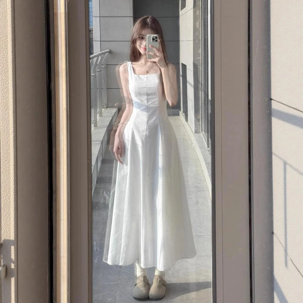 W.WANG法式方领白色吊带夏季甜美可爱风格衣服显瘦新款收腰后妈裙