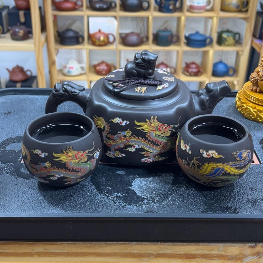 紫砂紫砂龙凤变色方器500ml（一壶两杯）