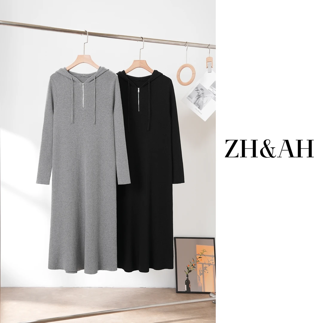 ZH&AH【格调】冬季新款时尚气质百搭设计师款孕期通勤连帽毛衣裙