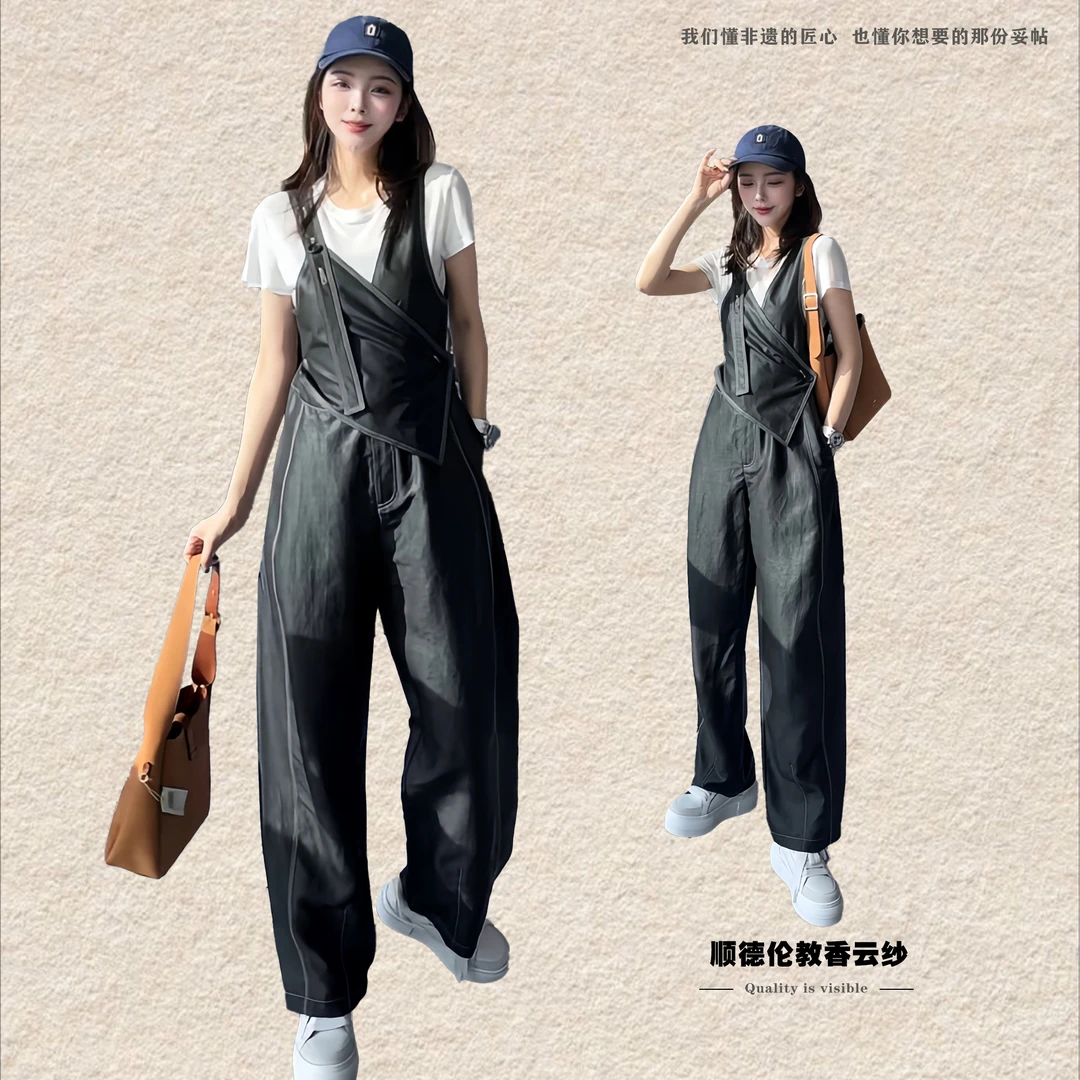 电力纺平板香云纱拼接时尚桑蚕丝休闲小众连体裤裤子DLF-887351