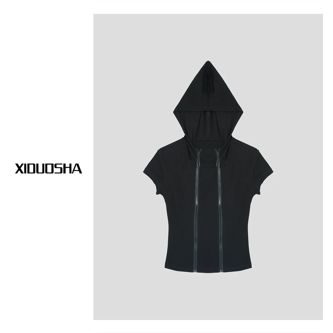 XIDUOSHA/喜朵莎新品原创设计师款连帽双拉链显瘦短袖卫衣XDS1066