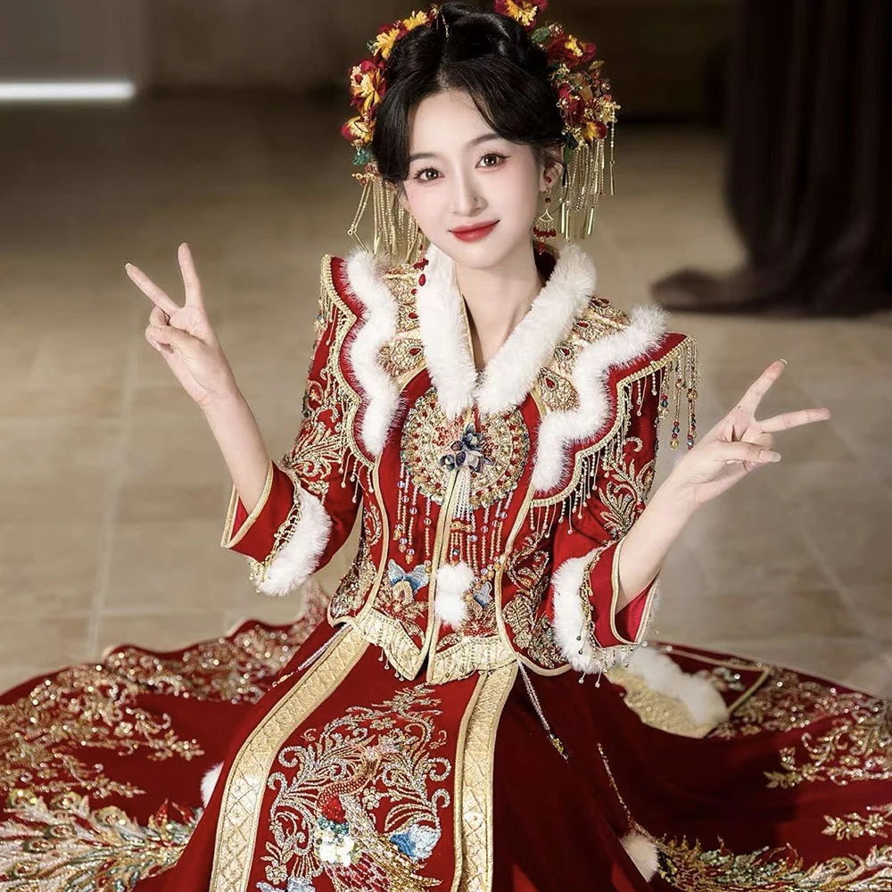 丝绒秀禾服2025秋冬新款毛领新娘结婚服装礼服敬酒服新中式婚服女