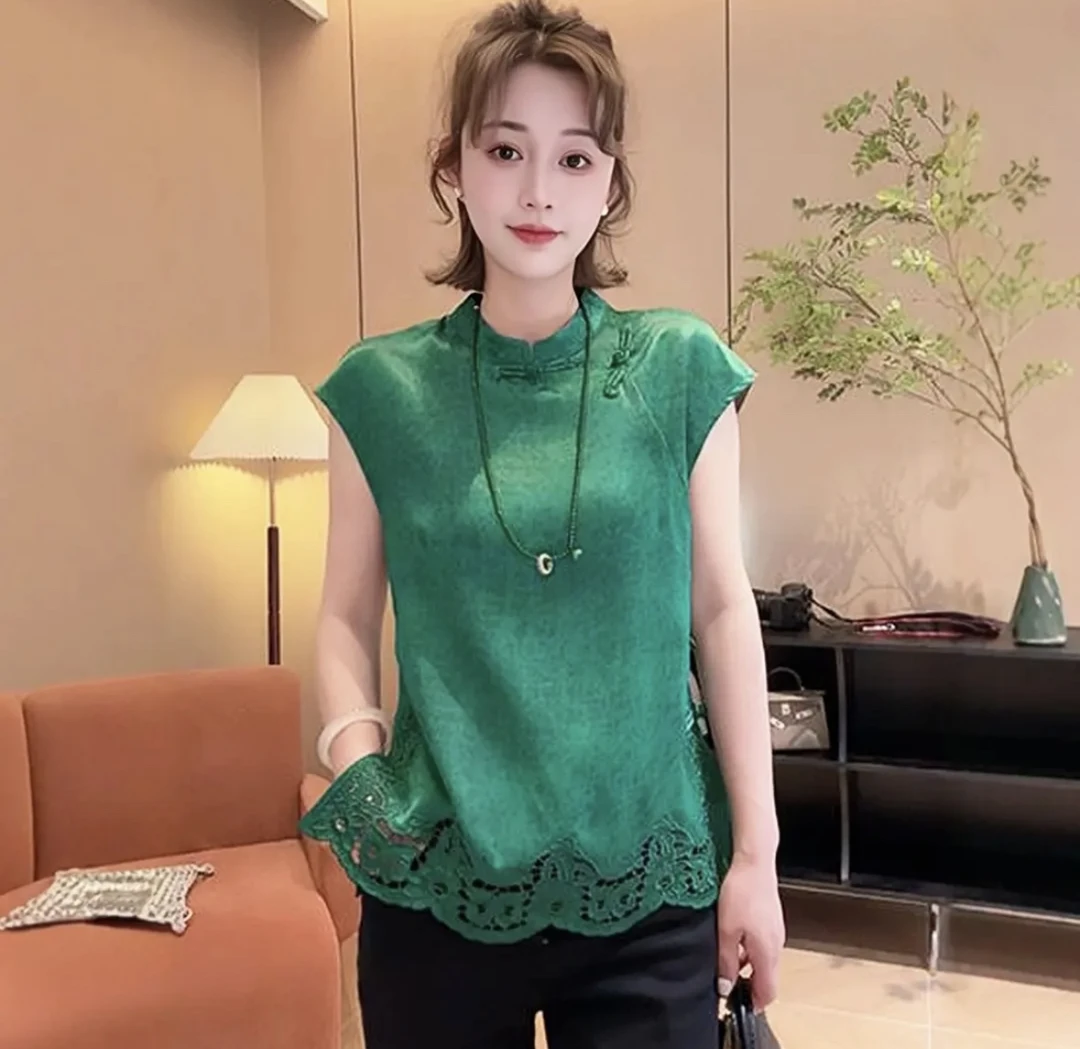 新中式国风蕾丝刺绣盘扣上衣女时尚气质百搭复古立领短袖衬衫077