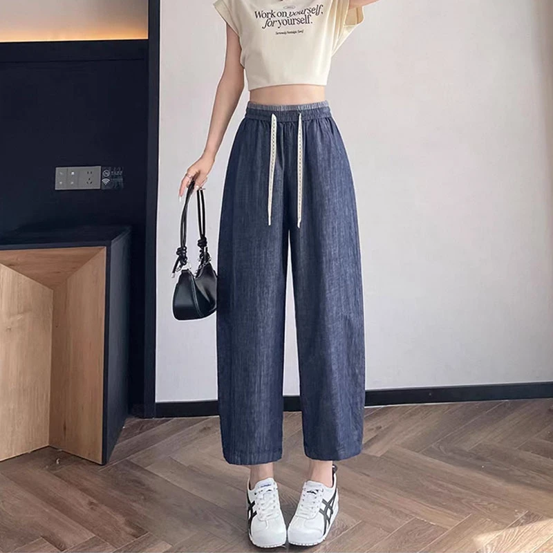 2025夏季新款休闲天丝亚麻八分气球牛仔裤高腰宽松透气弯刀裤女