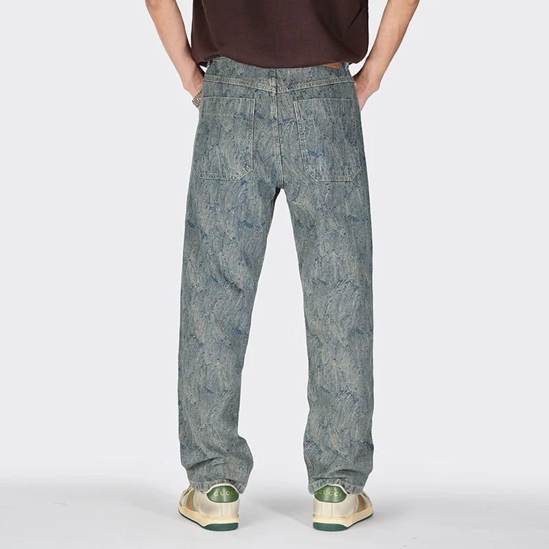 花纹牛仔裤男士春款新款个性痞帅直筒裤水洗做旧街头帅气宽松百搭
