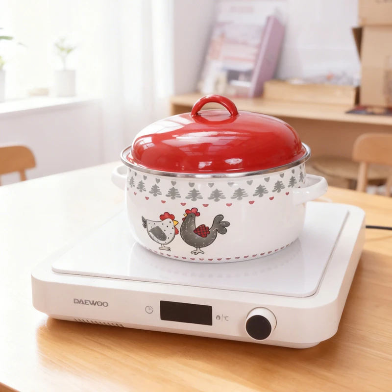 珐琅搪瓷汤锅公鸡花加厚双耳红盖宝妈辅食泡面锅平底汤锅