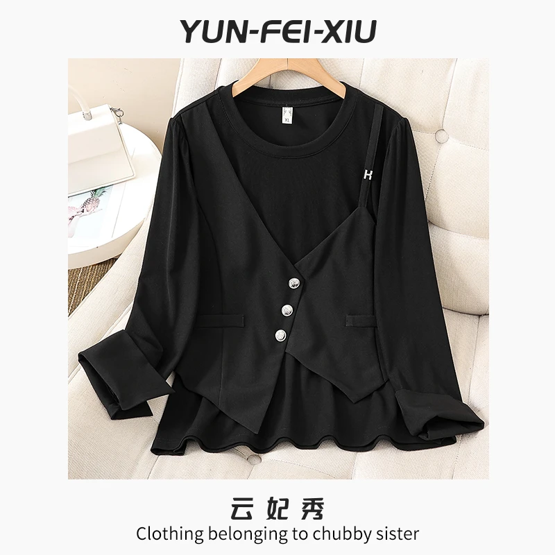 云妃秀大码女装T恤时尚休闲宽松显瘦微胖假两件上衣百搭夏季25080