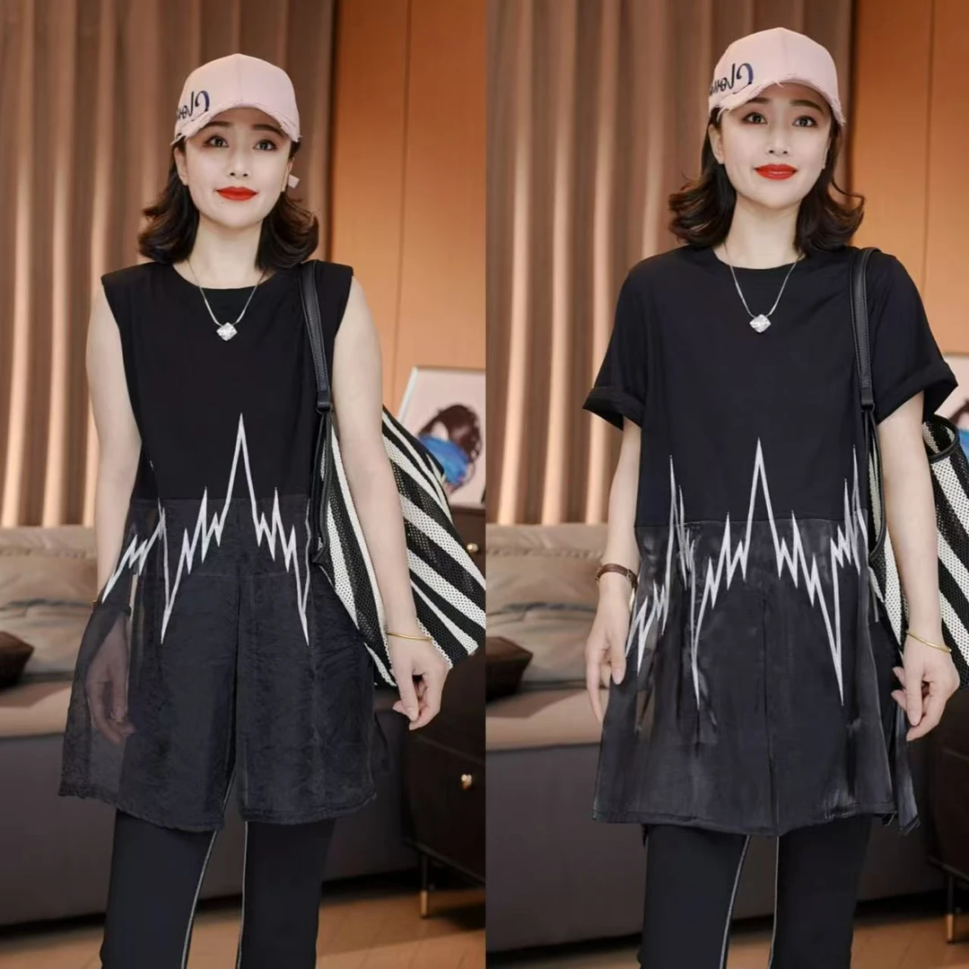 时尚潮流圆领T恤拼接欧设计感拼接欧根纱刺绣显瘦百搭休闲上衣