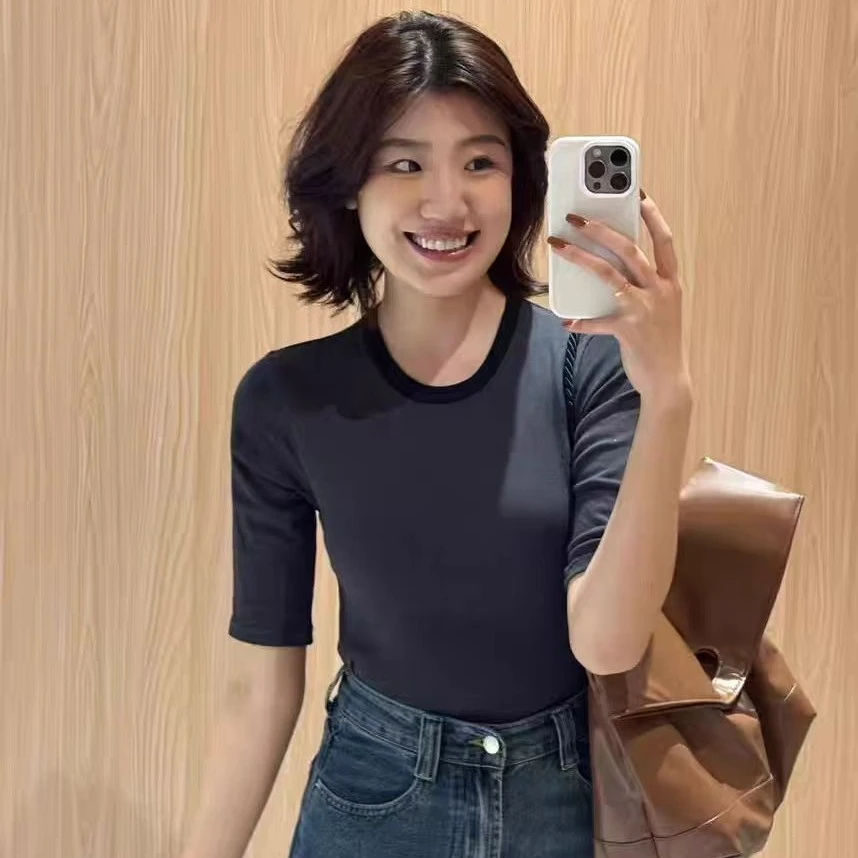 内家五分袖圆领修身休闲撞色打底衫T恤显瘦百搭