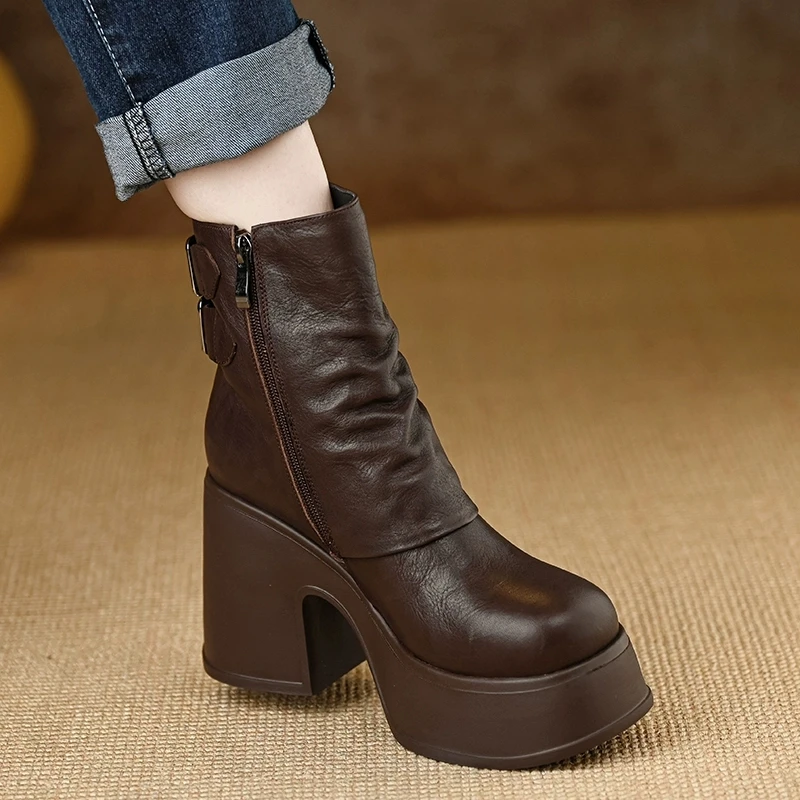 AACCK手工女鞋10cm短靴防水台手抓牛皮圆头女高跟侧拉链复古棕色