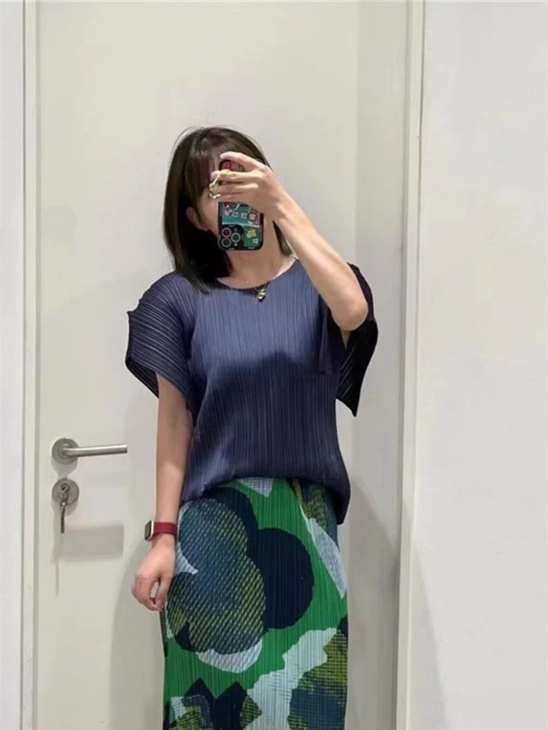 三宅简约原单小飞袖褶皱纯色简约时尚短袖上衣气质百搭显瘦T恤