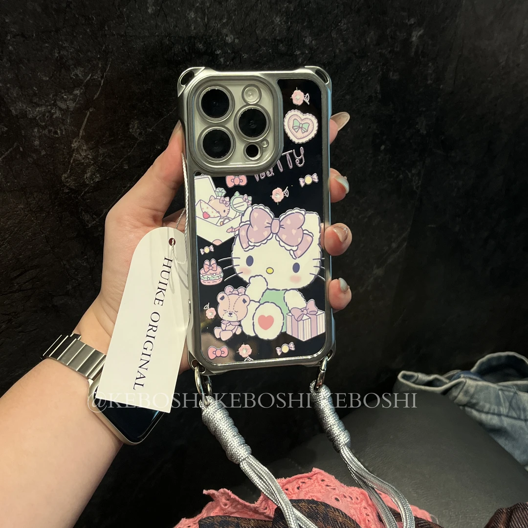 镜面凯蒂礼物蝴蝶结适用苹果/华为/荣耀/vivo/OPPO四角挂绳手机壳