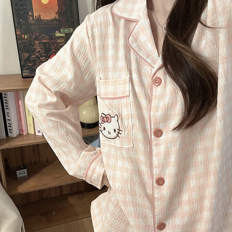 可爱风粉系kitty猫睡衣少女感春秋季卡通云朵棉长袖家居服套装