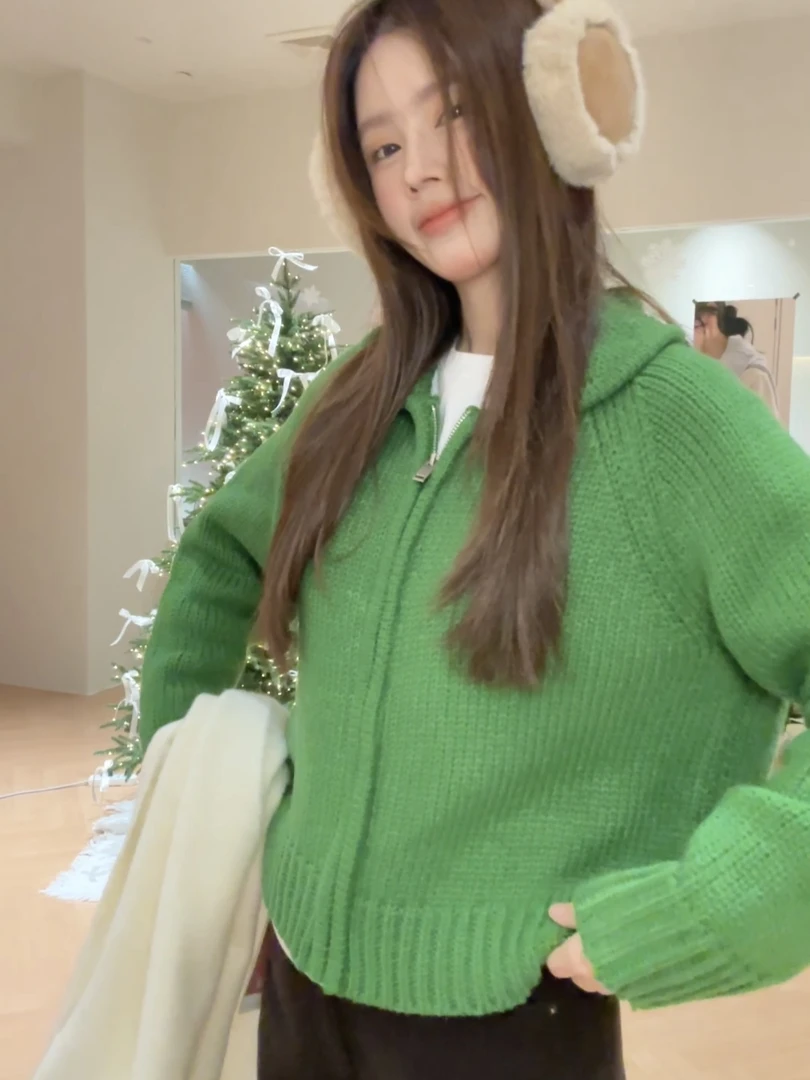 【花花】青苹果~翻领短款粗针拉链针织开衫短外套