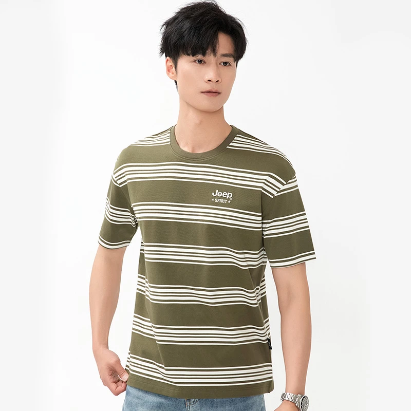 jeep吉普条纹短袖T恤男士夏季新款薄款圆领体恤宽松大码上衣服
