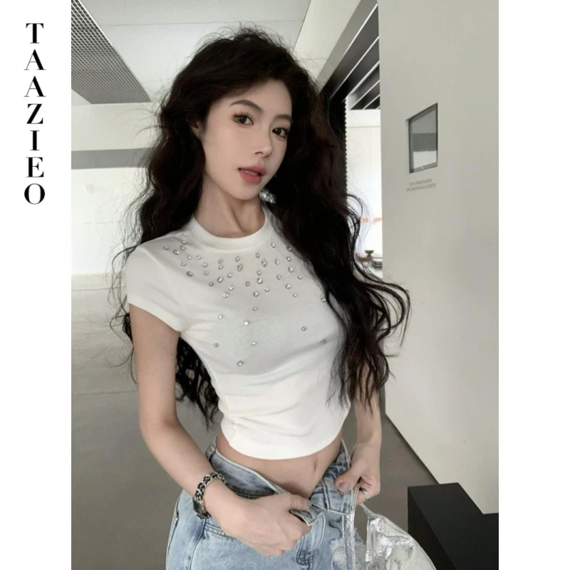 TAAZIEOt恤正肩短袖重工镶钻女夏纯欲甜辣妹性感短款小个子上衣别
