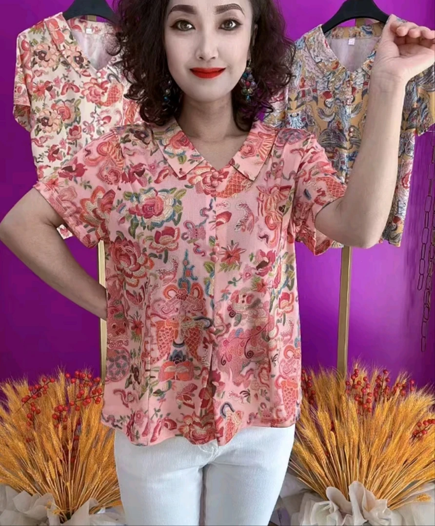 夏季新款中老年方领气质显瘦妈妈花衫上衣短袖