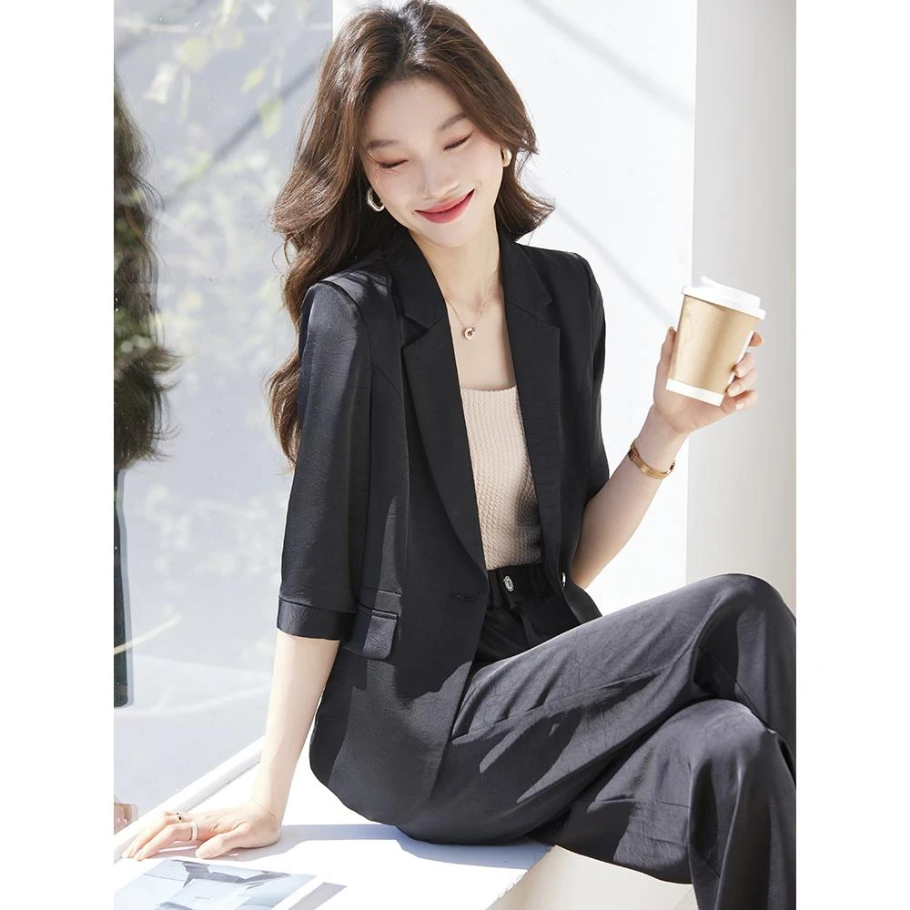 中袖西装套装女夏季薄款2025新款高级感醋酸小西服夏天西装女薄款