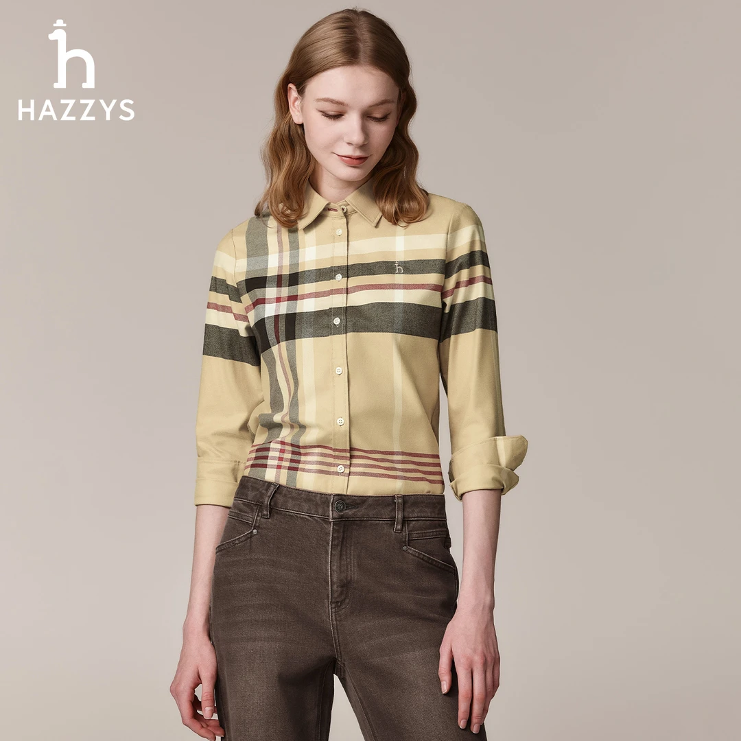 HAZZYS哈吉斯秋冬季女士格纹衬衫薄款休闲气质经典衬衣复古长袖