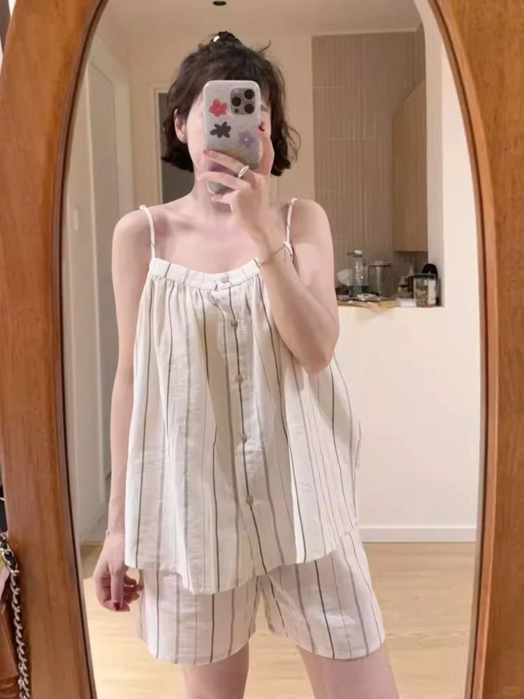 【DMXJ大梦想家】韩系简约条纹休闲睡衣女夏季款家居服吊带短裤套装