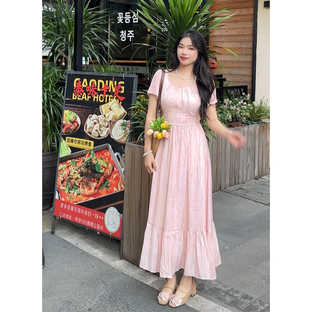 半亩花田 法式粉色复古裙子高腰显瘦夏季短袖设计感连衣裙