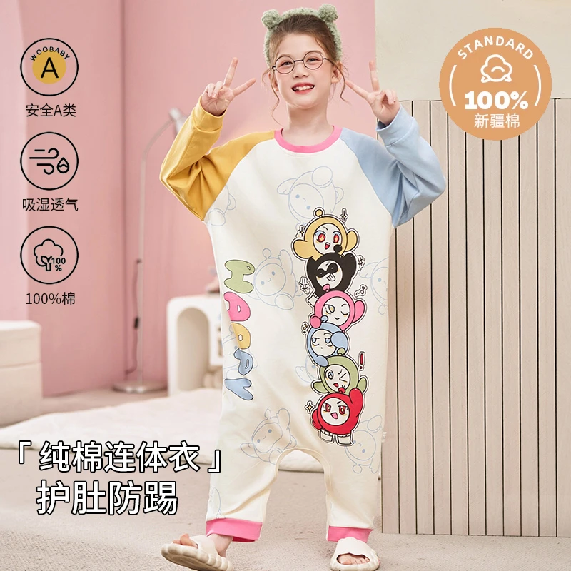 春夏季纯棉长袖连体女童睡衣卡通可外穿大童护肚防踢被睡裙家居服